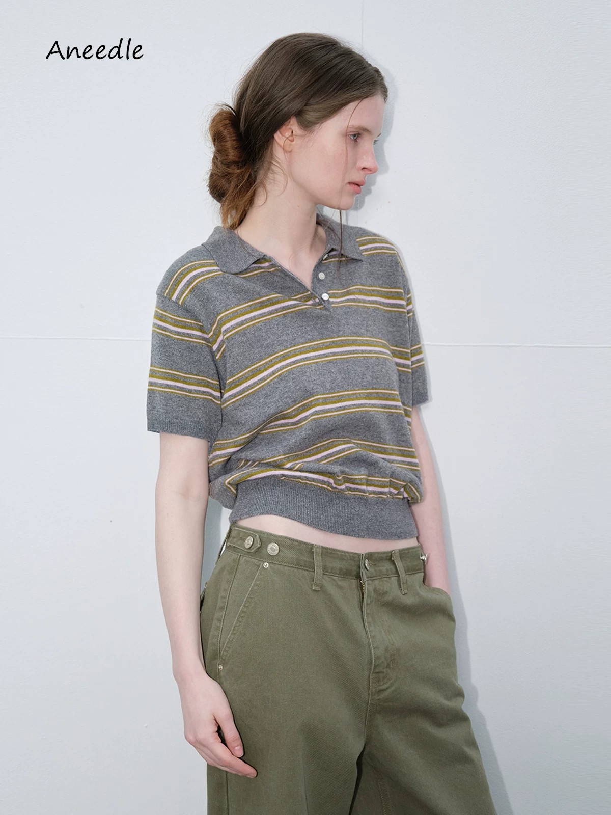 Women's Retro Striped Polo Neck Short Sleeve Knit Top - Image 3