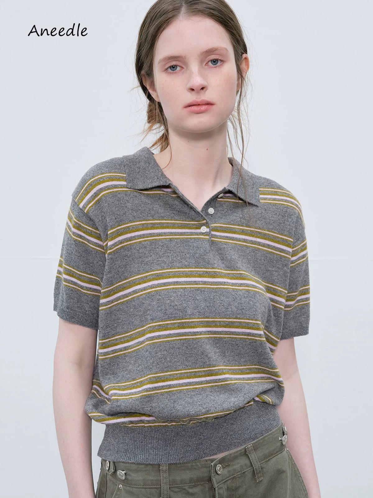 Women's Retro Striped Polo Neck Short Sleeve Knit Top - Image 2