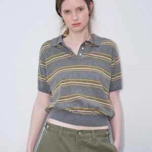 Women's Retro Striped Polo Neck Short Sleeve Knit Top