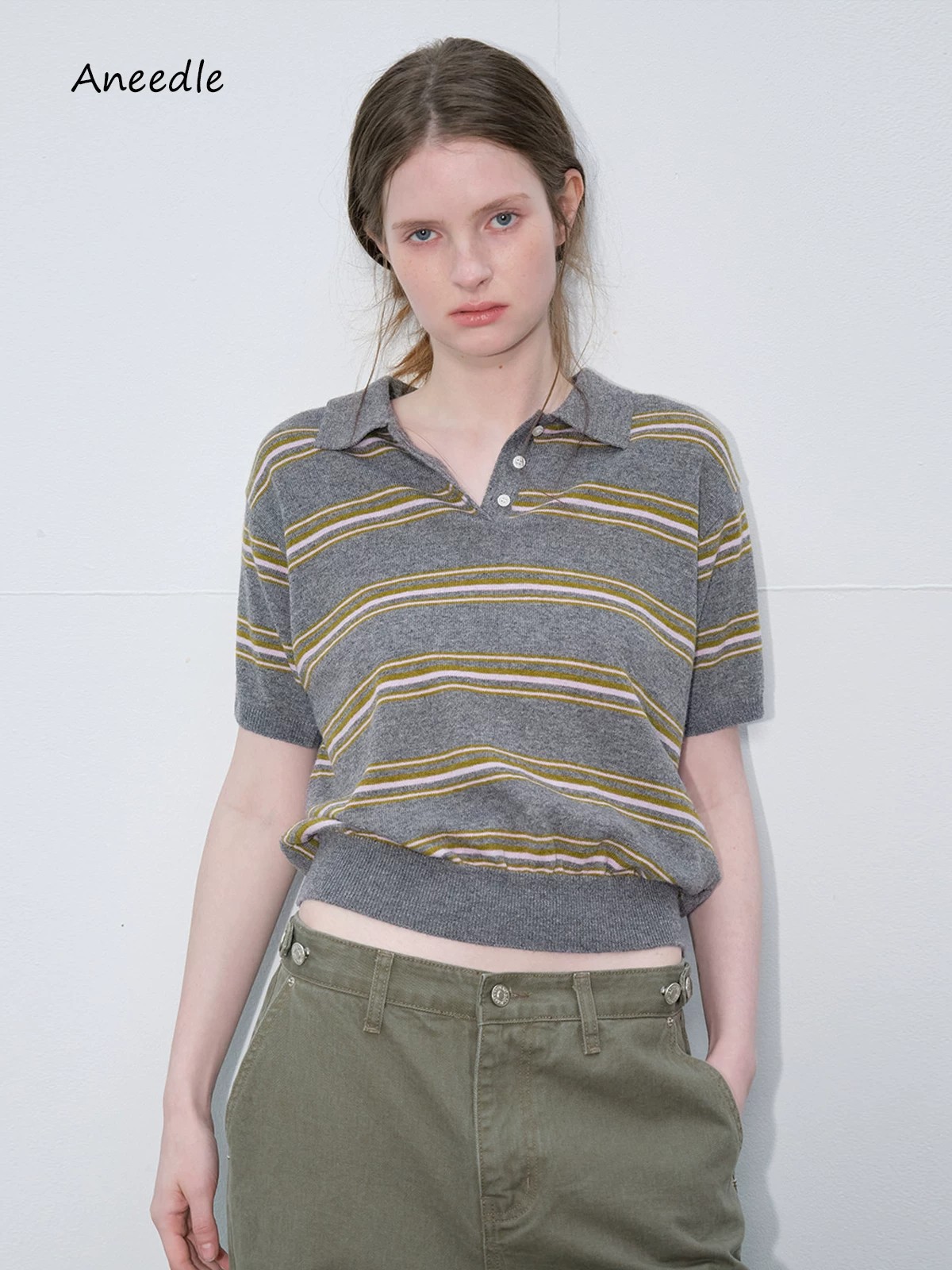 Women's Retro Striped Polo Neck Short Sleeve Knit Top
