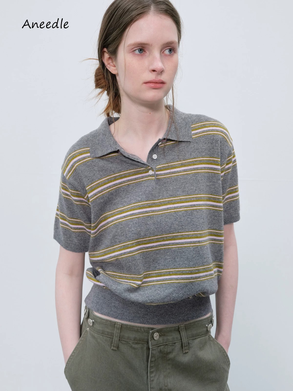 Women's Retro Striped Polo Neck Short Sleeve Knit Top - Image 4