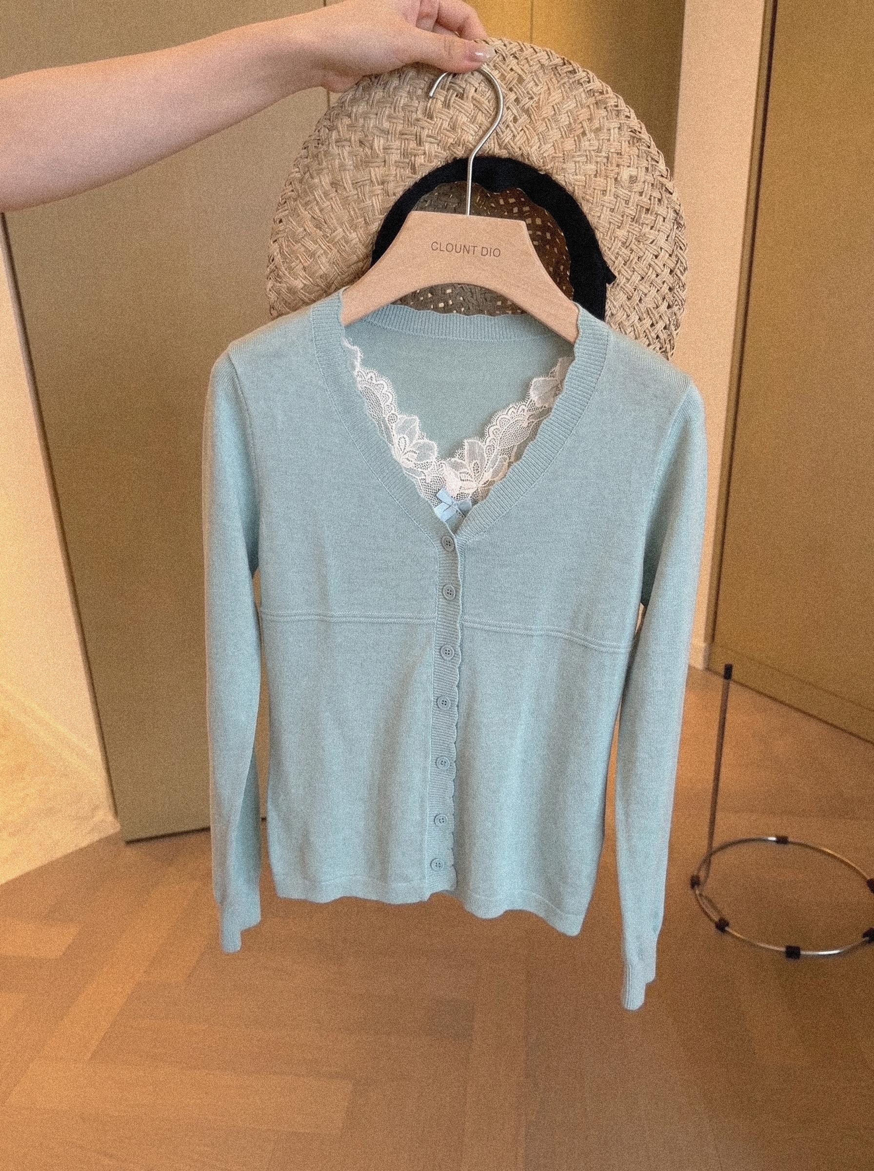 High-End Korean Style Layered Look Lake Blue U-Neck Lace Long Sleeve Knit Cardigan Top - Image 3