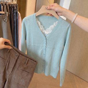 High-End Korean Style Layered Look Lake Blue U-Neck Lace Long Sleeve Knit Cardigan Top