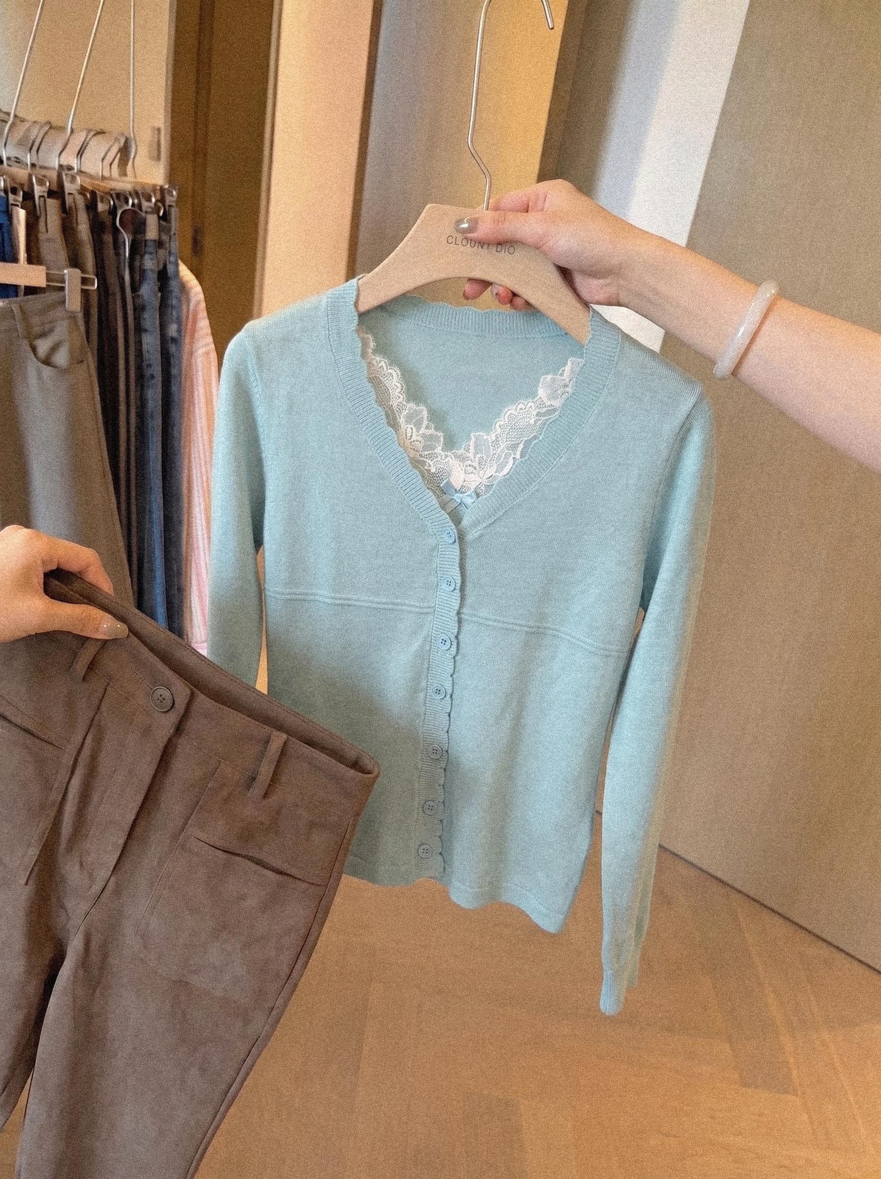 High-End Korean Style Layered Look Lake Blue U-Neck Lace Long Sleeve Knit Cardigan Top