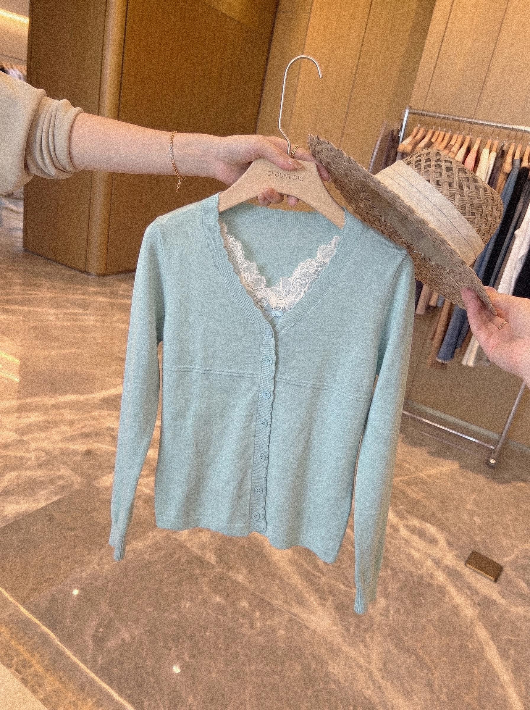 High-End Korean Style Layered Look Lake Blue U-Neck Lace Long Sleeve Knit Cardigan Top - Image 2