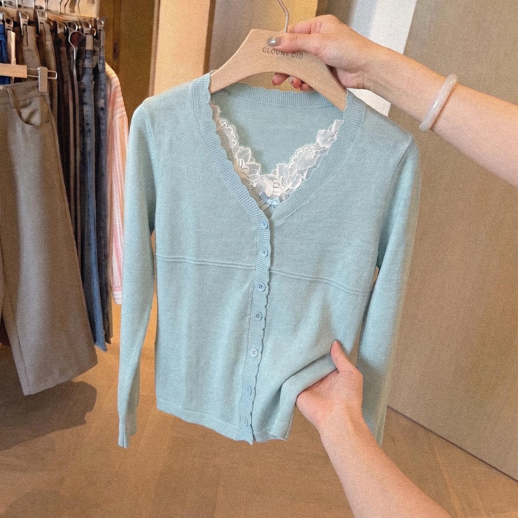 High-End Korean Style Layered Look Lake Blue U-Neck Lace Long Sleeve Knit Cardigan Top - Image 5